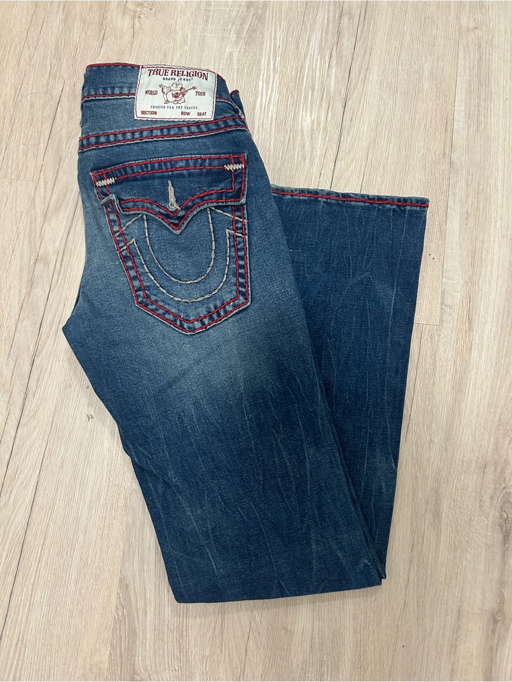 True Religion Men’s Dark Blue Bootcut Jeans with Red Topstitching
